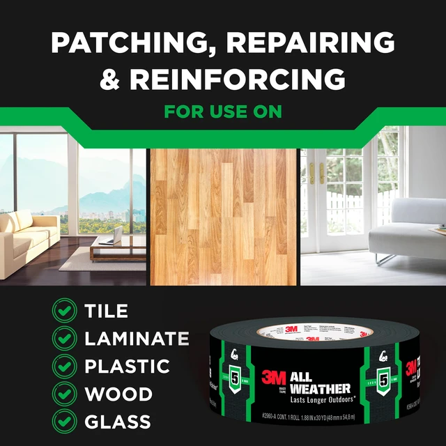 Alt view image 5 of 7 - All Weather Black Duct Tape, 1.88 in x 30 yd, UV/Water Resistant Stands up to Heat, Sunlight, Rain, Sleet & Snow, For Patching, Reparing Outdoor Items and Reinforcing Tools (2530-BK-3PK)