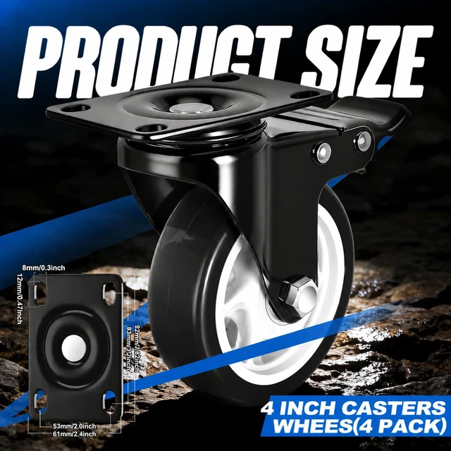 Alt view image 2 of 7 - Caster Wheels, 4 Inch Caster Set of 4, Dual Locking PU Casters 2400LB, Swivel Casters for Furniture, Workbench & Tool Cart Quiet, Floor Safe, Smooth Rolling