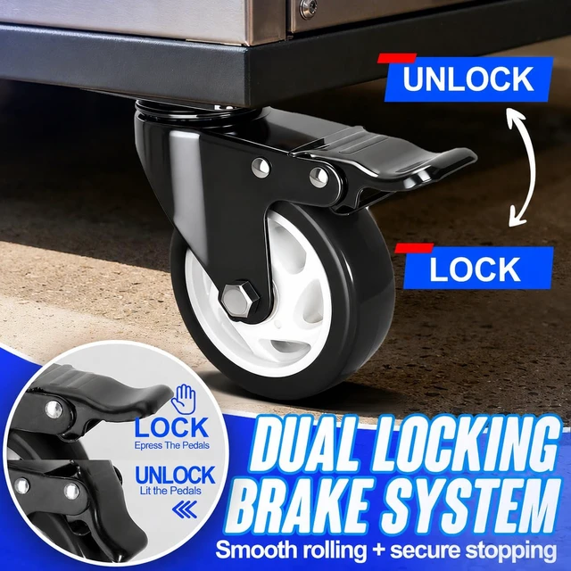 Alt view image 3 of 7 - Caster Wheels, 4 Inch Caster Set of 4, Dual Locking PU Casters 2400LB, Swivel Casters for Furniture, Workbench & Tool Cart Quiet, Floor Safe, Smooth Rolling