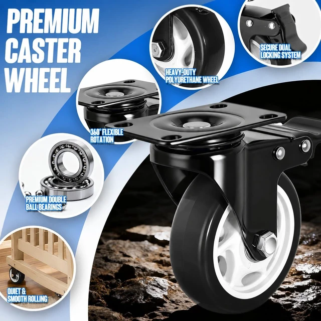 Alt view image 6 of 7 - Caster Wheels, 4 Inch Caster Set of 4, Dual Locking PU Casters 2400LB, Swivel Casters for Furniture, Workbench & Tool Cart Quiet, Floor Safe, Smooth Rolling