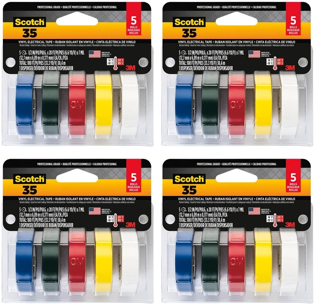 Main image of Vinyl 35 Electrical Tape, 5 Rolls, Multi-Color Pack, Ideal for Cable Jacket Repair & Electrical Insulation, Premium Vinyl Material, Indoor & Outdoor Use, High Adhesion (10457DC), 4-Pack