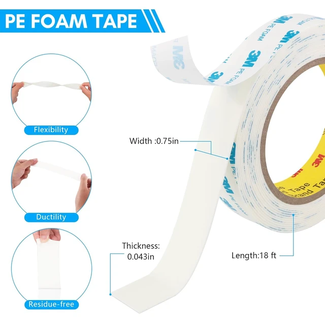 Alt view image 2 of 7 - 3M 1600T Double Sided Tape, 0.75 in x 18 ft White PE Foam Tape, 2 Pack 0.04 in Thick, Removable from Smooth Surfaces, for RV, Pictures, Posters, Frames and Home Décor