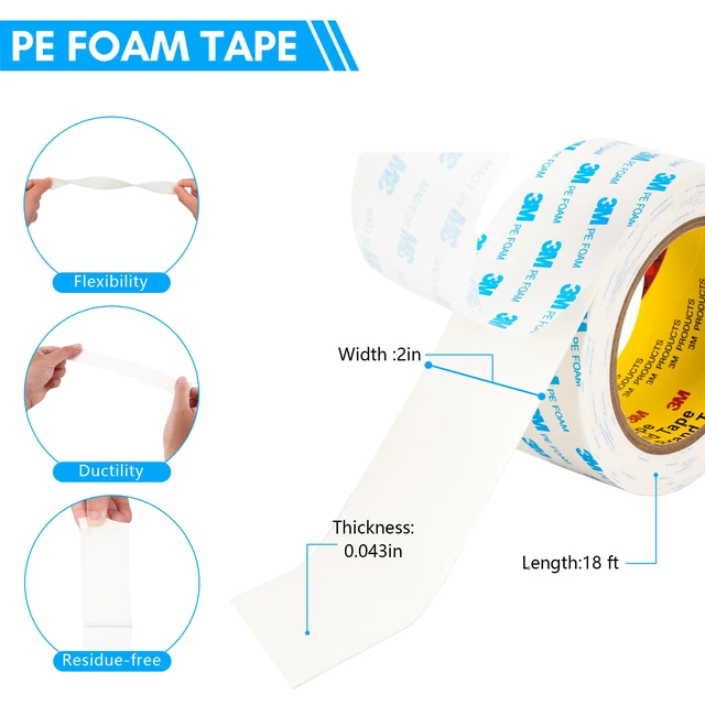 Alt view image 2 of 7 - 3M 1600T Double Sided Tape, 2 in x 18 ft White PE Foam Tape 0.04 in Thick, Removable from Smooth Surfaces, for RV, Pictures, Posters, Frames and Home Décor
