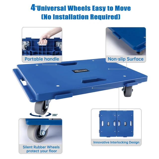 Alt view image 3 of 7 - 2 Pack Furniture Dolly 4 Wheels Upgraded Dollies Connectable with 4 Wheels Small Flat Dolly Cart with 500 LBS Capacity for Heavy Appliance, Blue