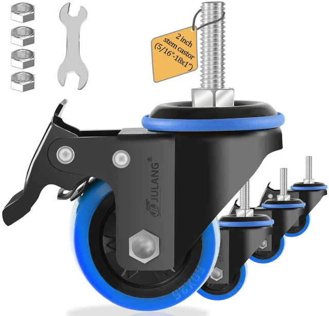 Main image of 2 inch Caster Wheels 5/16 Threaded Stem Casters Set of 4 Heavy Duty (4, Blue, 2in (5/16"-18)), Smooth & Quiet-Rolling, for Cart, Tool Box, Workbenche, Furniture, Wire Shelving