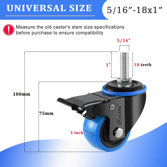 Alt view image 3 of 7 - 2 inch Caster Wheels 5/16 Threaded Stem Casters Set of 4 Heavy Duty (4, Blue, 2in (5/16"-18)), Smooth & Quiet-Rolling, for Cart, Tool Box, Workbenche, Furniture, Wire Shelving