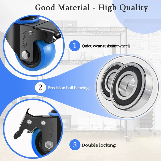 Alt view image 3 of 7 - 2 inch Caster Wheels 3/8" Threaded Stem Casters Set of 4 Heavy Duty (4, blue, 2in (3/8"-16)), Dual Locking, Smooth & Quiet-Rolling, for Wire Shelving, Carts, Furniture