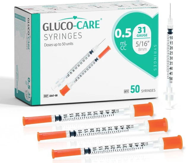 Main image of 0.5 ml/cc Syringes 31G x 5/16 (8mm), Orange Cap, Box of 50 pcs Fine Tip, Home & Lab Use, Clear Barrel, Bold Scale, Smooth Plunger Movement with back-end stopper, Leak-Proof Design