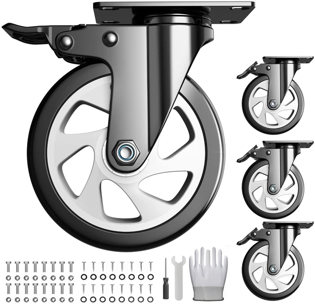 Main image of 5 Inch Caster Wheels with Safety Dual Locking 2400Lbs, Heavy Duty Swivel Casters Set of 4, Polyurethane No Noise Wheels for Cart, Workbench, Furniture(Bonus of 2 Hardware Kits)
