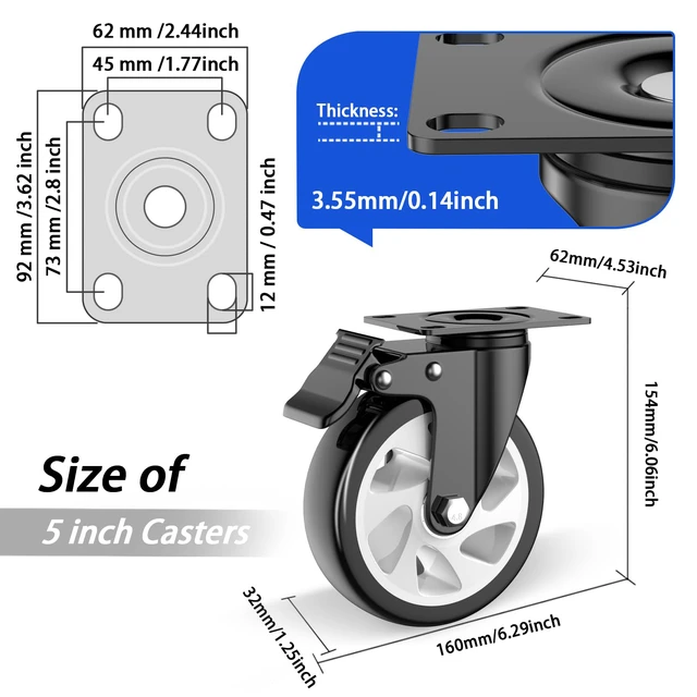 Alt view image 2 of 6 - 5 Inch Caster Wheels with Safety Dual Locking 2400Lbs, Heavy Duty Swivel Casters Set of 4, Polyurethane No Noise Wheels for Cart, Workbench, Furniture(Bonus of 2 Hardware Kits)