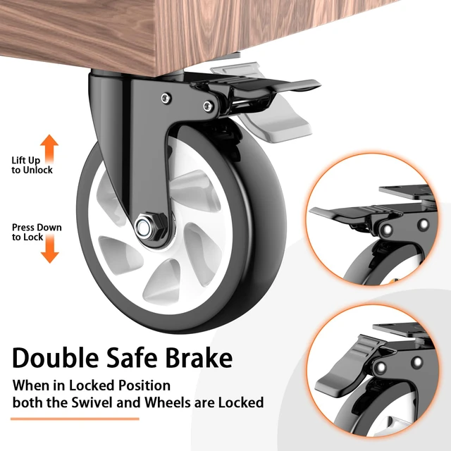 Alt view image 3 of 6 - 5 Inch Caster Wheels with Safety Dual Locking 2400Lbs, Heavy Duty Swivel Casters Set of 4, Polyurethane No Noise Wheels for Cart, Workbench, Furniture(Bonus of 2 Hardware Kits)