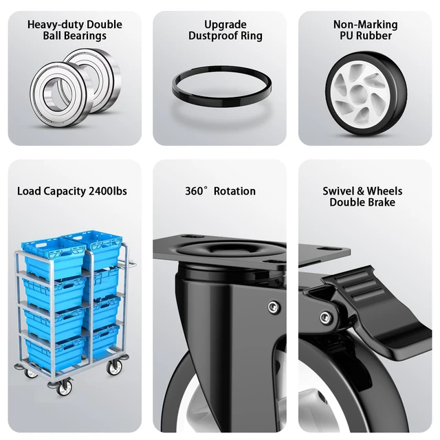 Alt view image 4 of 6 - 5 Inch Caster Wheels with Safety Dual Locking 2400Lbs, Heavy Duty Swivel Casters Set of 4, Polyurethane No Noise Wheels for Cart, Workbench, Furniture(Bonus of 2 Hardware Kits)