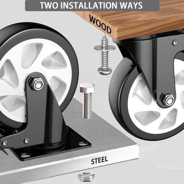 Alt view image 6 of 6 - 5 Inch Caster Wheels with Safety Dual Locking 2400Lbs, Heavy Duty Swivel Casters Set of 4, Polyurethane No Noise Wheels for Cart, Workbench, Furniture(Bonus of 2 Hardware Kits)