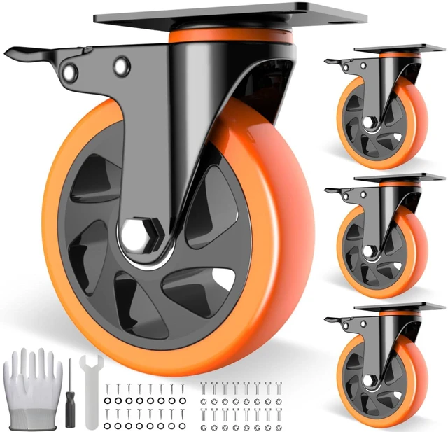 Main image of 5 inch Casters Wheels, Heavy Duty Casters Set of 4 Load 2400lbs with Brake, Locking Swivel Plate Caster, Industrial Castor Wheels for Carts,Furniture and Workbench(Free Screws and Spanner)