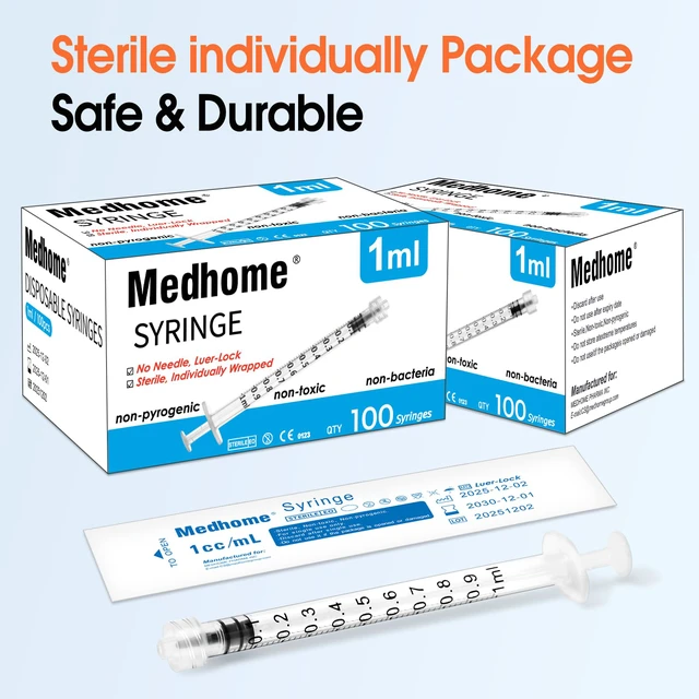 Alt view image 5 of 5 - 100 Pack 1mL Luer Lock Syringe (No Needle), Sterile & Individually Wrapped, Professional, Industrial & Personal Use