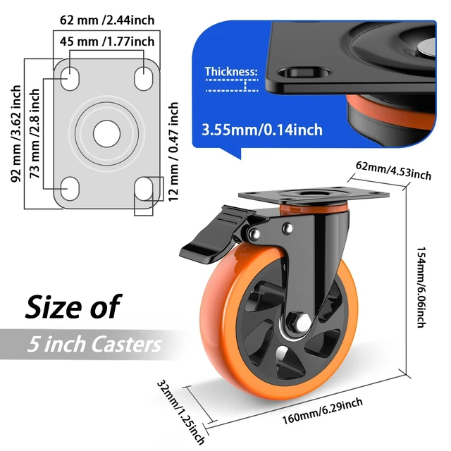 Alt view image 2 of 6 - 5 inch Casters Wheels, Heavy Duty Casters Set of 4 Load 2400lbs with Brake, Locking Swivel Plate Caster, Industrial Castor Wheels for Carts,Furniture and Workbench(Free Screws and Spanner)