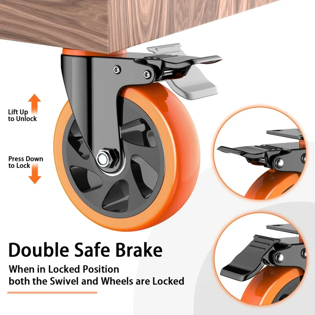 Alt view image 3 of 6 - 5 inch Casters Wheels, Heavy Duty Casters Set of 4 Load 2400lbs with Brake, Locking Swivel Plate Caster, Industrial Castor Wheels for Carts,Furniture and Workbench(Free Screws and Spanner)