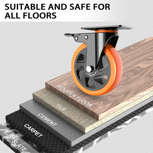 Alt view image 4 of 6 - 5 inch Casters Wheels, Heavy Duty Casters Set of 4 Load 2400lbs with Brake, Locking Swivel Plate Caster, Industrial Castor Wheels for Carts,Furniture and Workbench(Free Screws and Spanner)