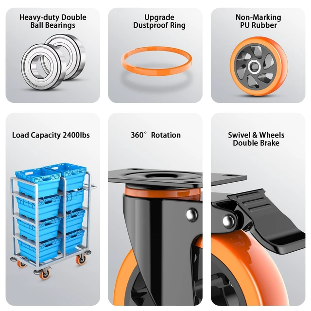 Alt view image 5 of 6 - 5 inch Casters Wheels, Heavy Duty Casters Set of 4 Load 2400lbs with Brake, Locking Swivel Plate Caster, Industrial Castor Wheels for Carts,Furniture and Workbench(Free Screws and Spanner)