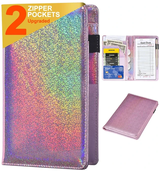Main image of Server Books for Waitress - Glitter Leather Waiter Book Server Wallet with Zipper Pocket, Cute Waitress Book&Waitstaff Organizer with Money Pocket Fit Server Apron (Glitter Rose Gold)