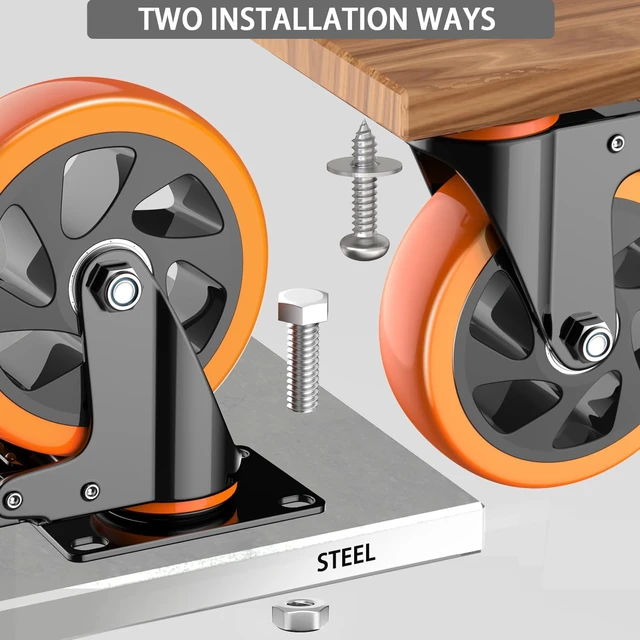 Alt view image 6 of 6 - 5 inch Casters Wheels, Heavy Duty Casters Set of 4 Load 2400lbs with Brake, Locking Swivel Plate Caster, Industrial Castor Wheels for Carts,Furniture and Workbench(Free Screws and Spanner)