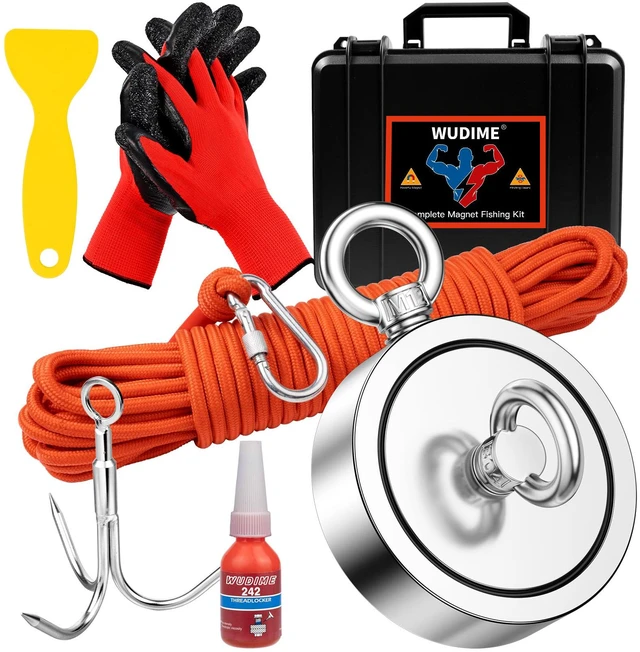 Main image of Powerful Magnet Fishing Kit, 2625 Lbs Strong Pulling Force Includes Neodymium N52 Magnet, 65ft Rope, Carabiner, Gloves, Grappling Hook & Carry Case, Perfect for Magnetic Fishing