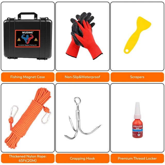 Alt view image 2 of 6 - Powerful Magnet Fishing Kit, 2625 Lbs Strong Pulling Force Includes Neodymium N52 Magnet, 65ft Rope, Carabiner, Gloves, Grappling Hook & Carry Case, Perfect for Magnetic Fishing