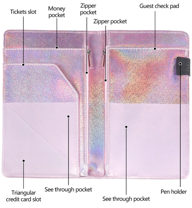 Alt view image 4 of 7 - Server Books for Waitress - Glitter Leather Waiter Book Server Wallet with Zipper Pocket, Cute Waitress Book&Waitstaff Organizer with Money Pocket Fit Server Apron (Glitter Rose Gold)