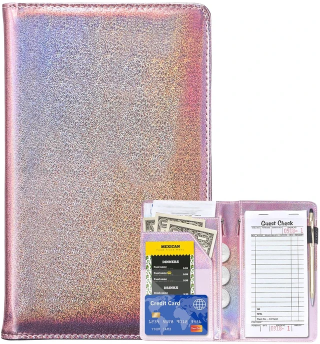 Alt view image 7 of 7 - Server Books for Waitress - Glitter Leather Waiter Book Server Wallet with Zipper Pocket, Cute Waitress Book&Waitstaff Organizer with Money Pocket Fit Server Apron (Glitter Rose Gold)