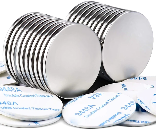 Main image of 20 Pack Strong Neodymium Disc Magnets with Adhesive Backing Silver Round Powerful Permanent Rare Earth Magnets, Heavy Duty Magnet for Fridge, DIY, Scientific, Craft, Office, 32 x 2mm