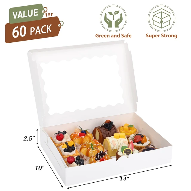 Alt view image 2 of 7 - 60pcs Bakery Boxes with Window, 14x10x2.5 Inch White Treat Boxes