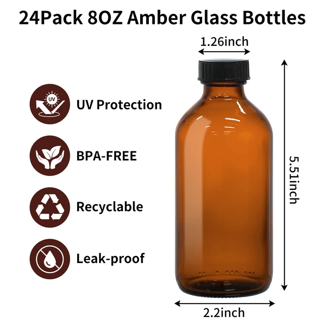 Alt view image 2 of 7 - 8oz Amber Glass Boston Round Bottles for Vanilla Extract, 24Pack Empty Brown Glass Bottles with Phenolic Polycone Caps, Airtight & Leak-Proof for Kombucha, Condiments, Essential Oils
