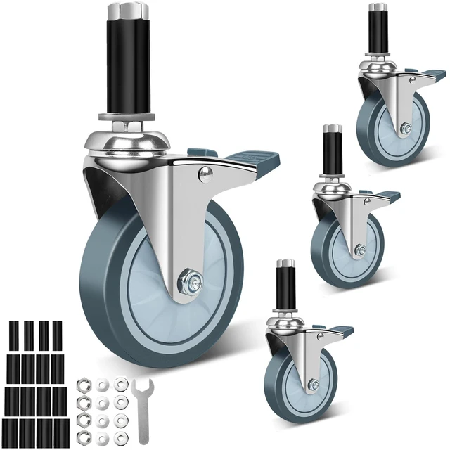 Main image of 4 Inch Expanding Stem Caster Wheels with Locking Brake Set of 4 Heavy Duty 1400 LBS, Fit for 7/8",1",1-1/8",1-3/8",1-5/8" Tube Table, Furniture, Wire Shelving Racks, Utility Cart Prep Legs