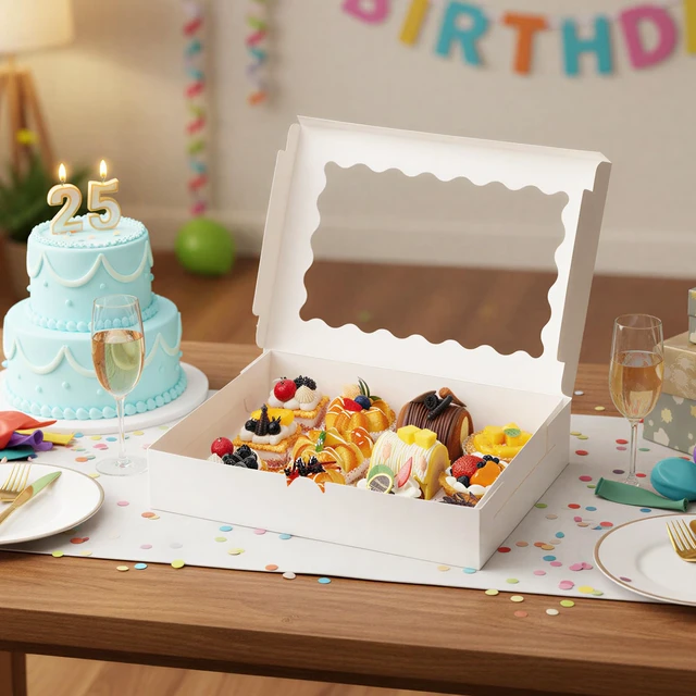 Alt view image 7 of 7 - 60pcs Bakery Boxes with Window, 14x10x2.5 Inch White Treat Boxes