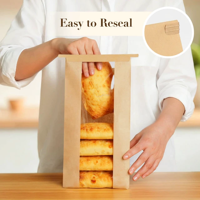 Alt view image 5 of 7 - 200 Pcs Long Paper Bread Bags with Tabs for Homemade Sourdough Resealable Bakery Bags with Window for Oval Sourdough Bread, Loaves, Pastries, Baguettes (6.3x2.7×13.7 Inches)