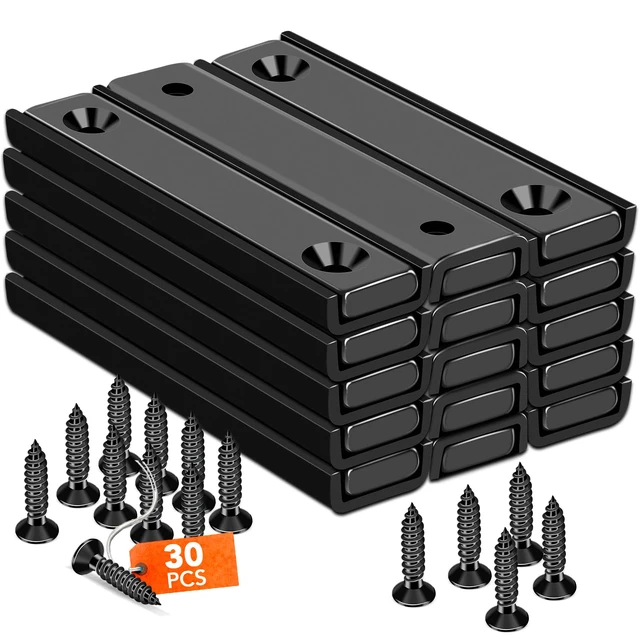 Main image of Bar Magnets, 80Lbs 15 Pack Countersunk Hole Magnet with Screw Black,Heavy Duty Rare Earth,Neodymium,Rectangular,for Mounting, Door, Garage, Workplace(60 x 13.5 x 5mm)