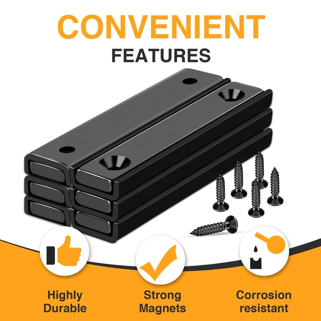 Alt view image 4 of 7 - Bar Magnets, 80Lbs 15 Pack Countersunk Hole Magnet with Screw Black,Heavy Duty Rare Earth,Neodymium,Rectangular,for Mounting, Door, Garage, Workplace(60 x 13.5 x 5mm)