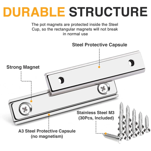 Alt view image 3 of 7 - Bar Magnets, 80Lbs 15 Pack Countersunk Hole Magnet with Screw Silver,Heavy Duty Rare Earth,Neodymium,Rectangular,for Mounting, Door, Garage, Workplace(60 x 13.5 x 5mm)
