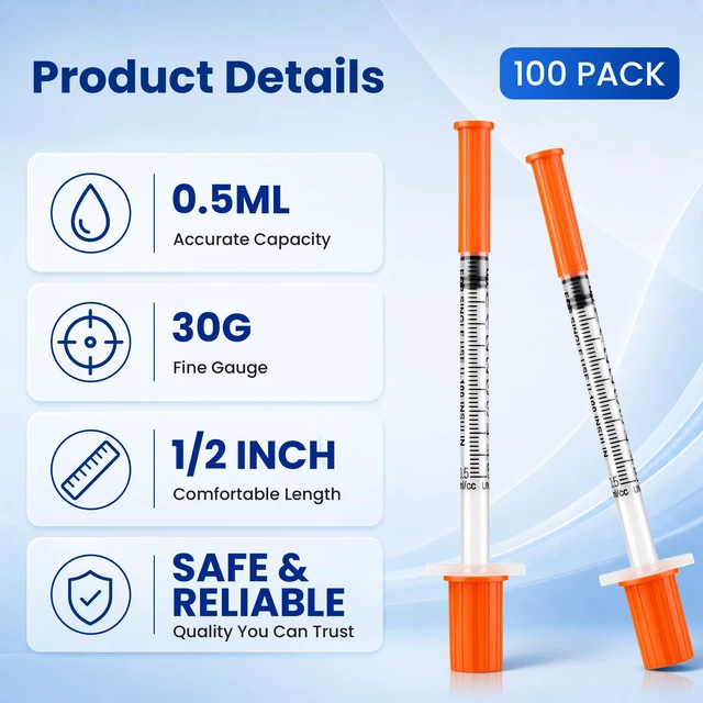 Alt view image 2 of 5 - 100Pack 0.5 ml/cc 30G x 1/2 (13mm), Disposable Individual Package Single-Use Design Easy-to-Read Scale Leak-Resistant Plunger Reliable Dispensing Multi-Purpose Applications