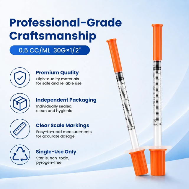 Alt view image 3 of 5 - 100Pack 0.5 ml/cc 30G x 1/2 (13mm), Disposable Individual Package Single-Use Design Easy-to-Read Scale Leak-Resistant Plunger Reliable Dispensing Multi-Purpose Applications