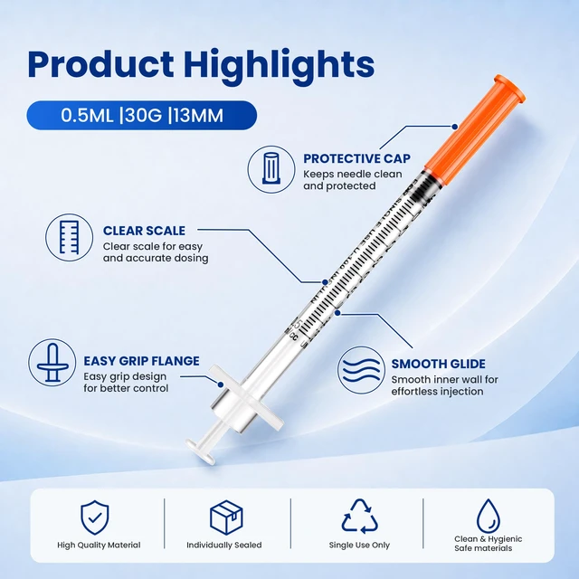 Alt view image 4 of 5 - 100Pack 0.5 ml/cc 30G x 1/2 (13mm), Disposable Individual Package Single-Use Design Easy-to-Read Scale Leak-Resistant Plunger Reliable Dispensing Multi-Purpose Applications