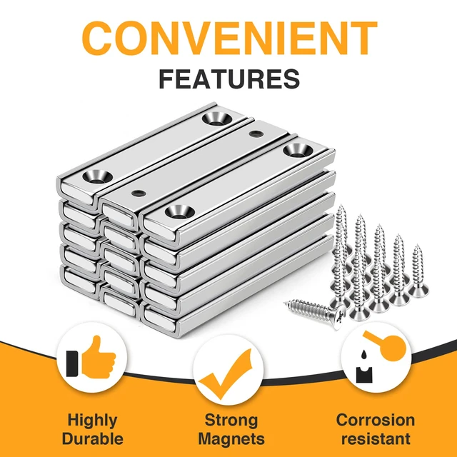 Alt view image 4 of 7 - Bar Magnets, 80Lbs 15 Pack Countersunk Hole Magnet with Screw Silver,Heavy Duty Rare Earth,Neodymium,Rectangular,for Mounting, Door, Garage, Workplace(60 x 13.5 x 5mm)