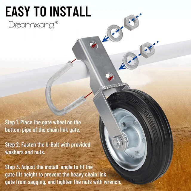 Alt view image 3 of 7 - Gate Wheel Kit for Supporting Swing Metal Tube Gate With 1-5/8" Thru 2" Frames, 6" Heavy Duty Farm Wheel for Chain Link Fence, Prevent Dragging, Black
