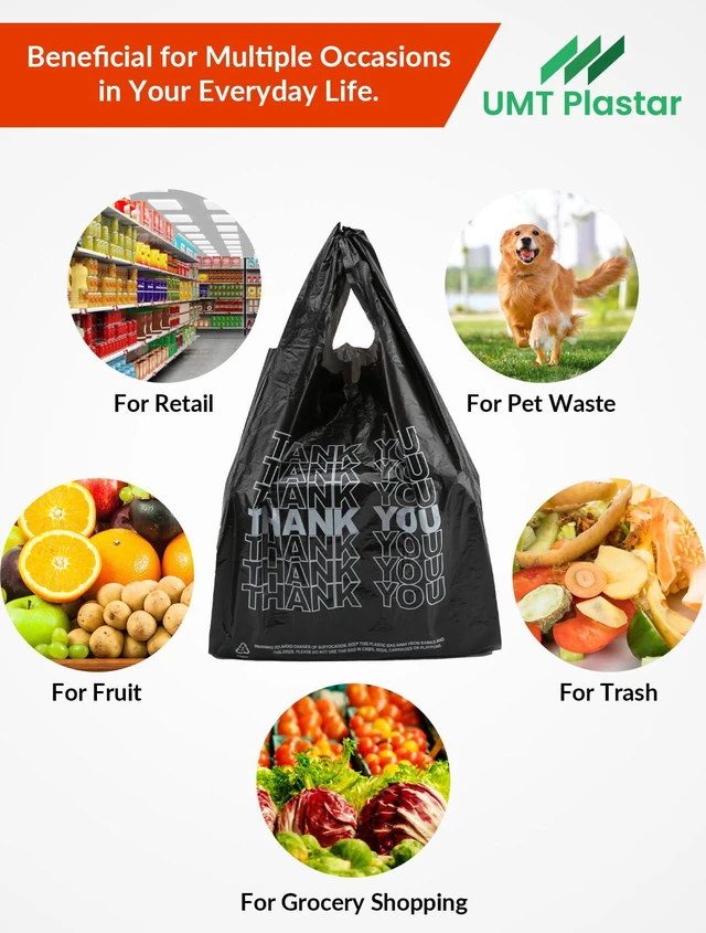 Alt view image 2 of 7 - 300 Count Thank You Bags, 12 x 6 x 22 in, 15 Mic Black Bags Reliable Carryout and Shopping Bags with Reinforced Handles for Retail, Grocery, Restaurant and Takeout Use