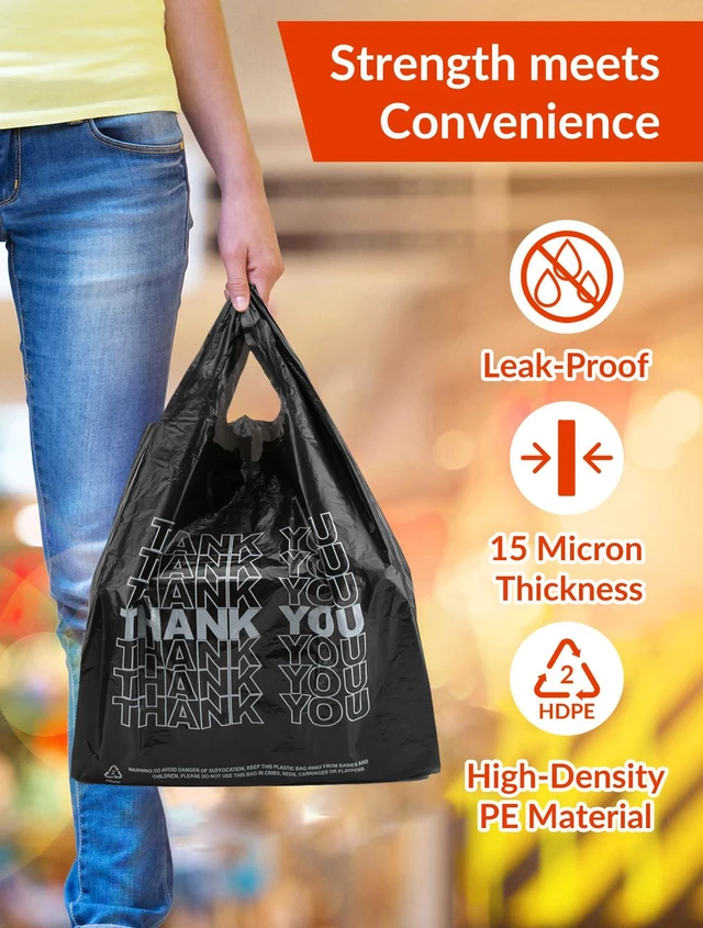 Alt view image 4 of 7 - 300 Count Thank You Bags, 12 x 6 x 22 in, 15 Mic Black Bags Reliable Carryout and Shopping Bags with Reinforced Handles for Retail, Grocery, Restaurant and Takeout Use