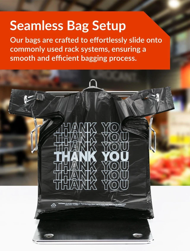 Alt view image 6 of 7 - 300 Count Thank You Bags, 12 x 6 x 22 in, 15 Mic Black Bags Reliable Carryout and Shopping Bags with Reinforced Handles for Retail, Grocery, Restaurant and Takeout Use
