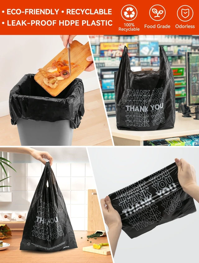 Alt view image 7 of 7 - 300 Count Thank You Bags, 12 x 6 x 22 in, 15 Mic Black Bags Reliable Carryout and Shopping Bags with Reinforced Handles for Retail, Grocery, Restaurant and Takeout Use