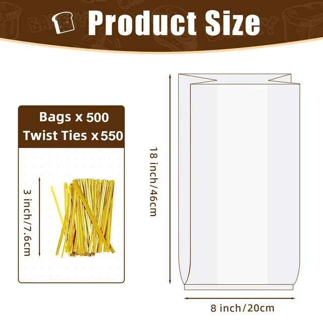 Alt view image 2 of 7 - 500Pcs Plastic Bread Bags for Homemade Bread and 550 Ties, 18 x 8 x 4 Inch Reusable Clear Loaf Bags, Adjustable, Perfect for Home Bakers and Bakeries