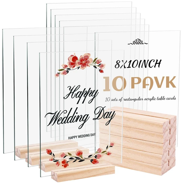 Main image of 10 Pack 8x10 Inch Blank Clear Acrylic Sign with Wooden Stands, Rectangle Top Acrylic Sheet, DIY Acrylic Rectangle Table Numbers for DIY Name Card Gifts Event Party Sign Decoration