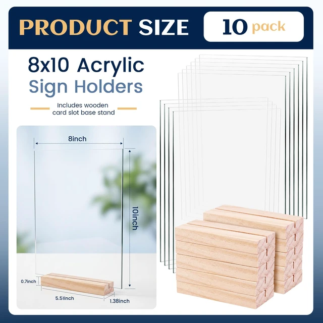 Alt view image 2 of 7 - 10 Pack 8x10 Inch Blank Clear Acrylic Sign with Wooden Stands, Rectangle Top Acrylic Sheet, DIY Acrylic Rectangle Table Numbers for DIY Name Card Gifts Event Party Sign Decoration